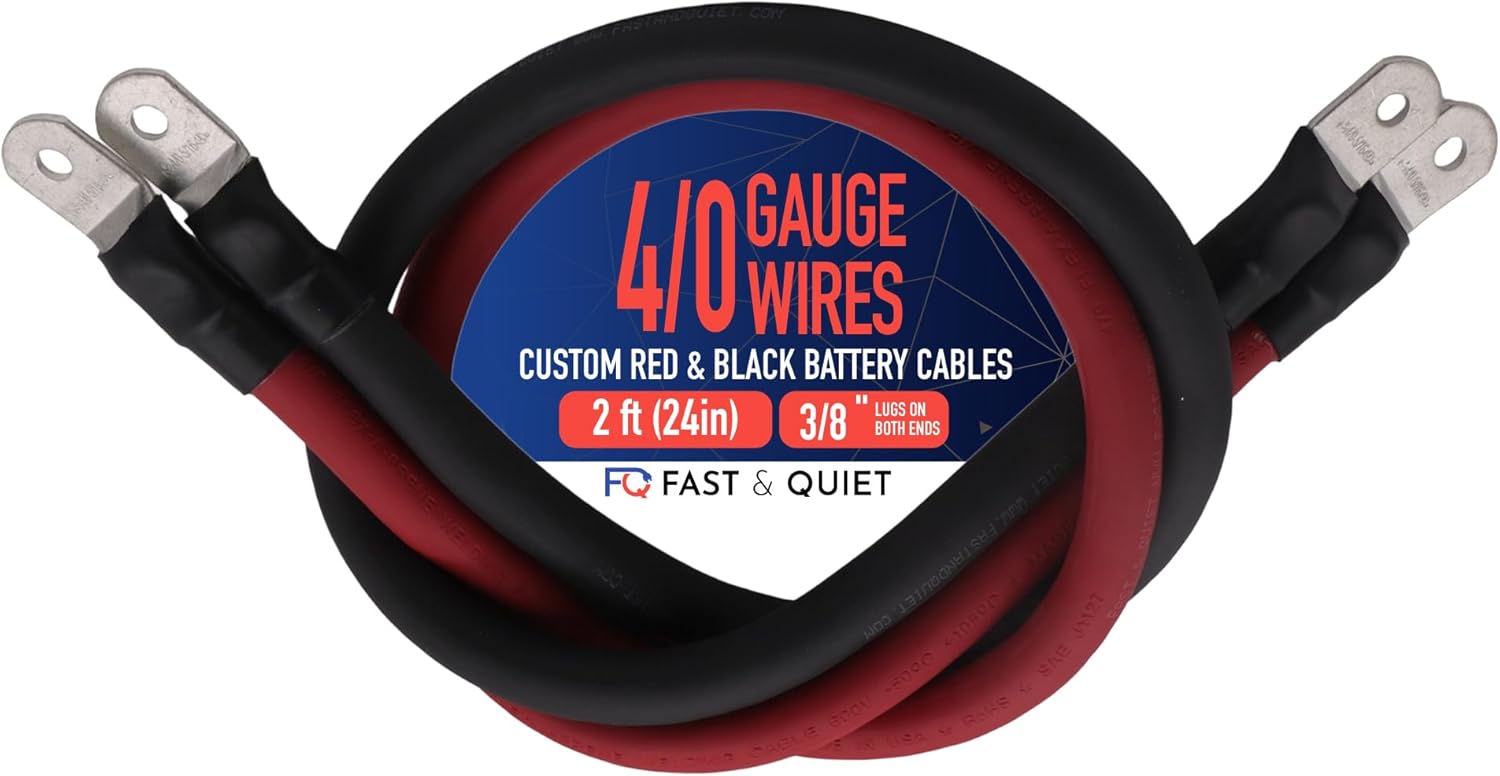4/0 AWG Battery Cables with Terminals, Positive and Negative Wires Pure Copper, Solar Power Inverter, Welding, Golf Cart, Motorcycle (Red and Black, 2 FT (24 in), 3/8" Lugs on Both Ends, 2pcs)
