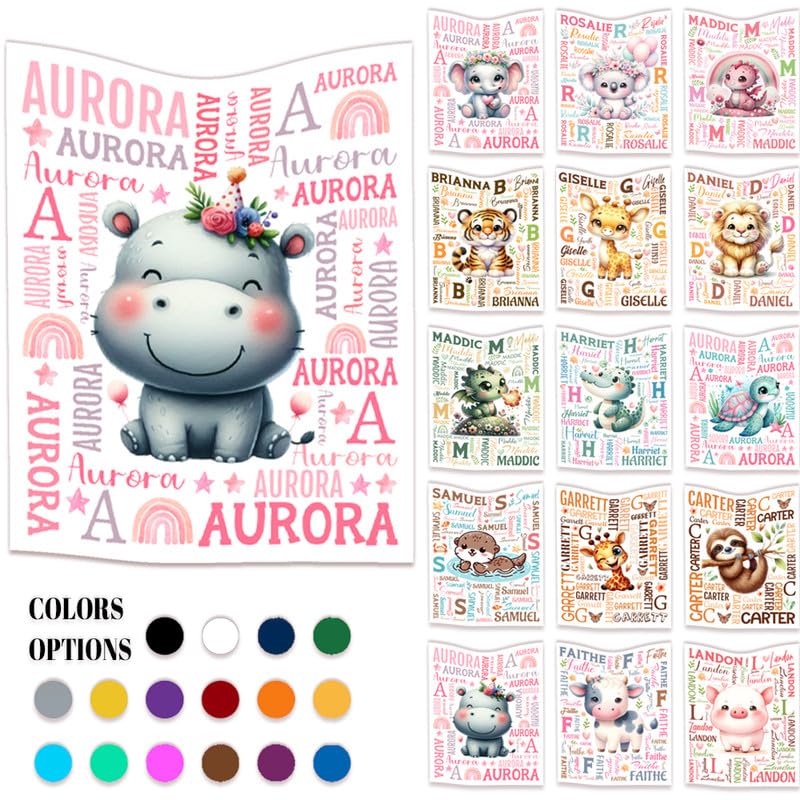 Cute Floral Hippo Custom Gifts for Boys Girls - Personalized Grey Hippo Flannel Blanket with Name - Rainbow Stars Flower Animals Soft Warm Throw Sheet