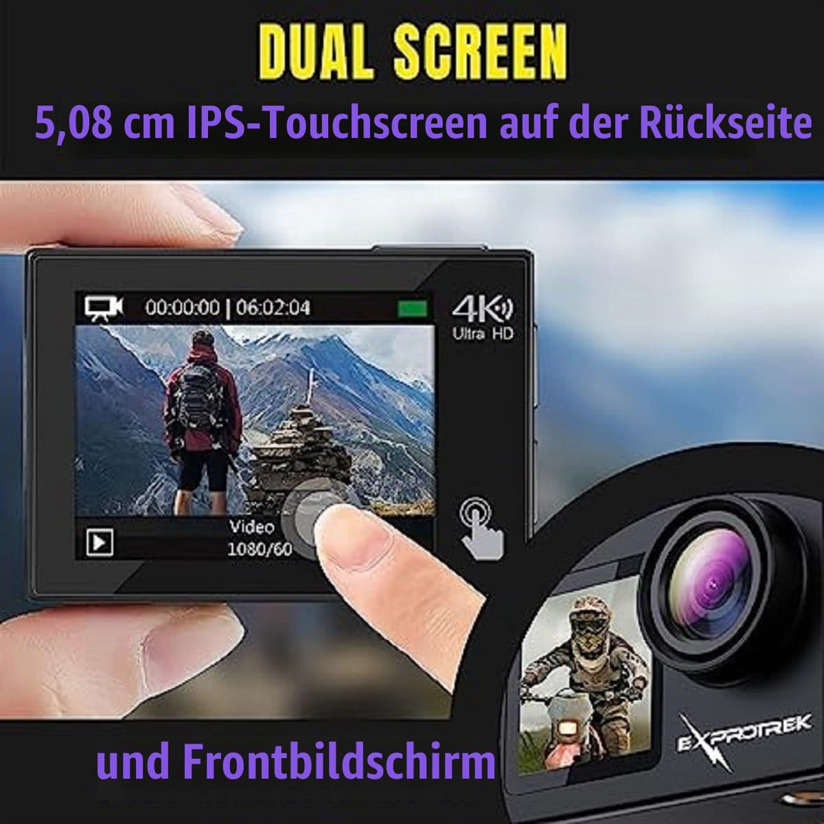 Exprotrek Action Cam 4K Unterwasserkamera Wasserdicht 40M Ultra HD 20MP Kamera 170 ° Ultra-Weitwinkel WiFi Camcorder EIS Stabilisierung mit Dual 1350 mAh Akku – Bild 3