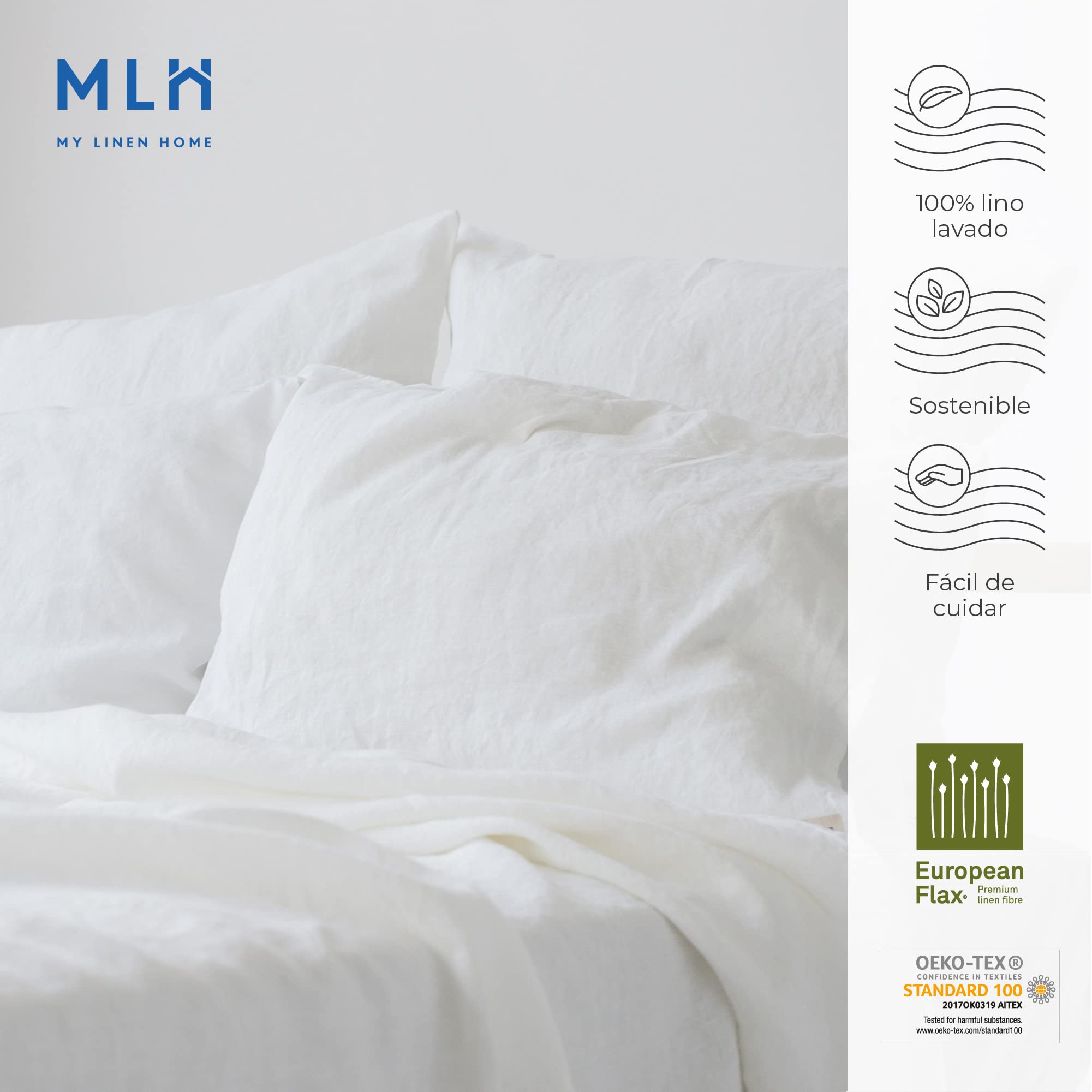 My Linen Home Sábana Plana de Lino Natural 100% Lavada a la Piedra Blanco, 245x280cm I Hipoalergénica, termorreguladora y Transpirable I Suave y Delicada Incluso para Pieles sensibles