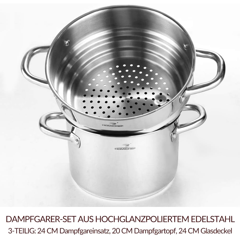 HOMICHEF 3-teiliges Dampfgarer-Set aus nickelfreiem Edelstahl, Dampftopf mit Dampfgitter & Deckel, passend für Töpfe Ø20 cm, Ø23 cm, Ø24 cm, schonendes Garen von Gemüse & Vollwertkost