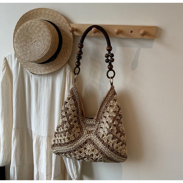 Bolso Tote Tejido para Mujer, Bohemio, Grande, Marrón y Beige miniatura 3