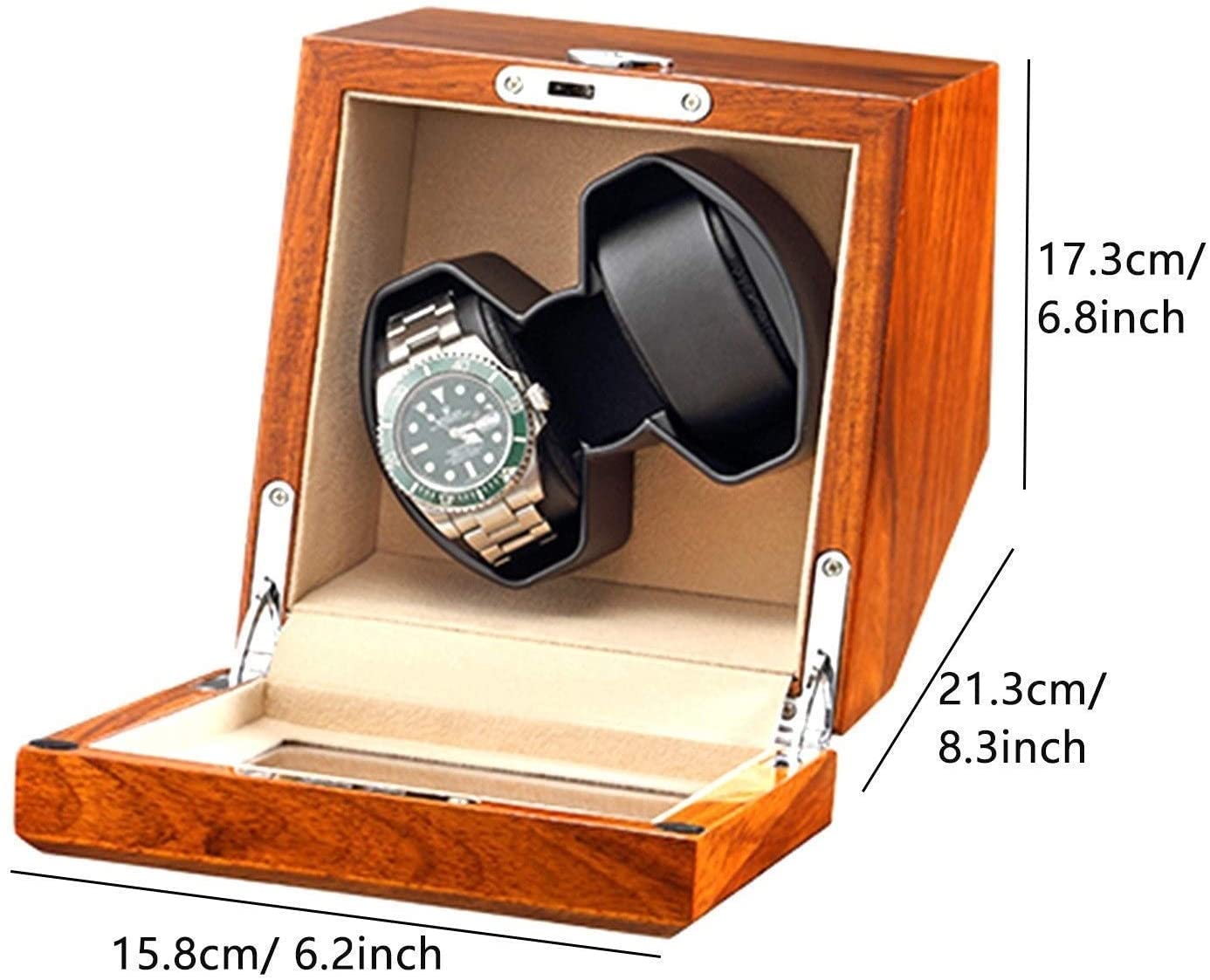 Caricatore per 2 Orologi Automatici con Motore Silenzioso e Luminoso, Scatola Porta Orologi in Legno massello, Adattatore CA, Batteria, Alimentazione USB （Black）
