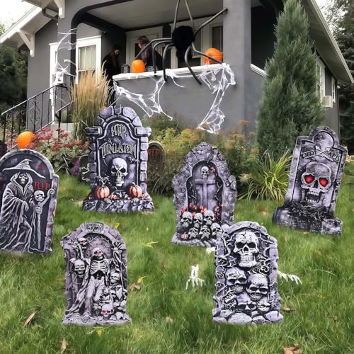 6 Stück Halloween Grabstein Friedhof Deko, Halloween Yard Signs Decor Simulation Halloween Grabstein mit Pfahl für Haunted House Garden, Yard, Halloween Yard Decorations