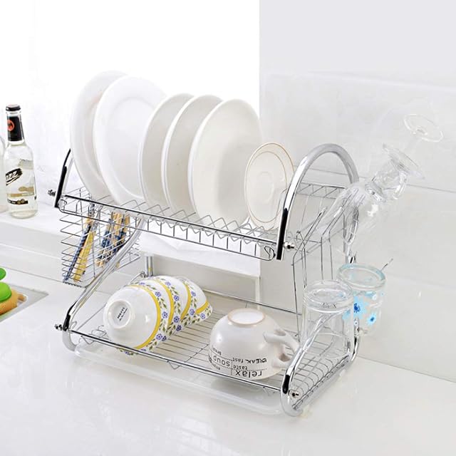 St@llion 2 Tier Stainless Steel Dish Storage Rack with Drip Tray Dish Drainer Holder (Chrome)
