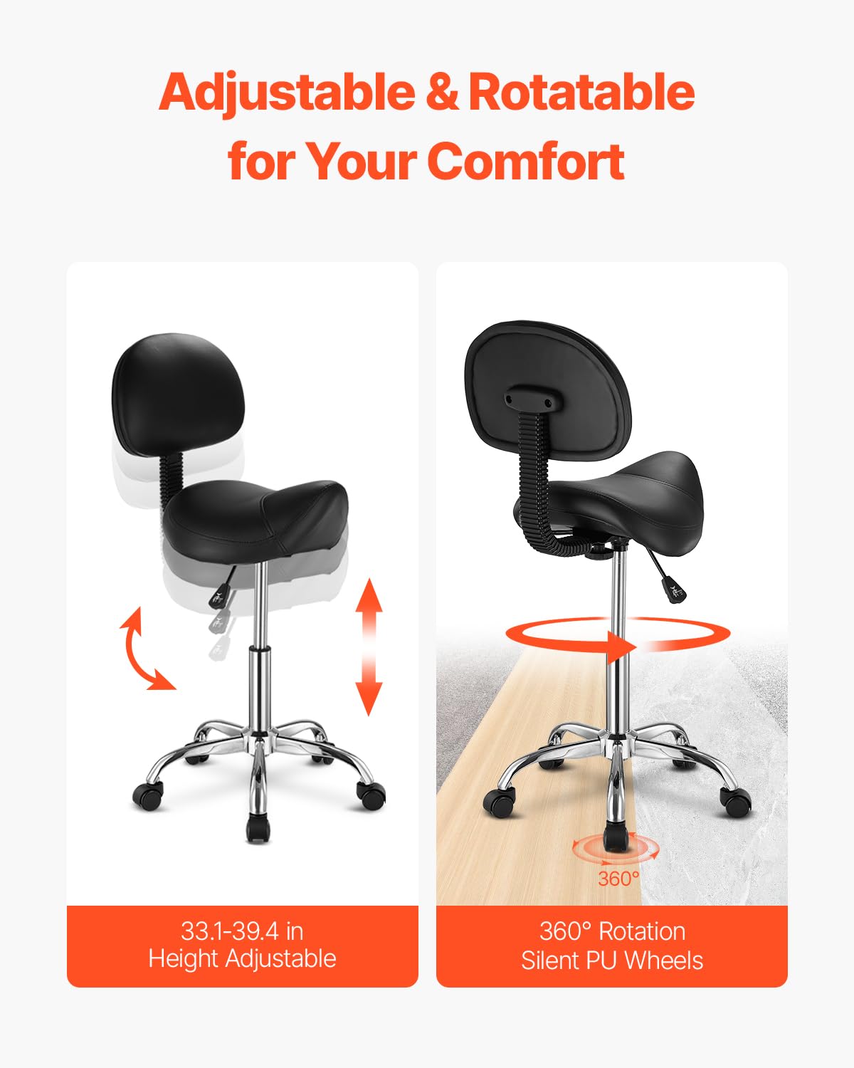 VEVOR Taburete Giratorio Altura Ajustable de 84-100cm Carga de 204kg, Taburete de Trabajo con Respaldo, Silla de Montar Giratoria Ergonómica de Cuero de PU para Salón SPA Clínica de Masaje, Negro