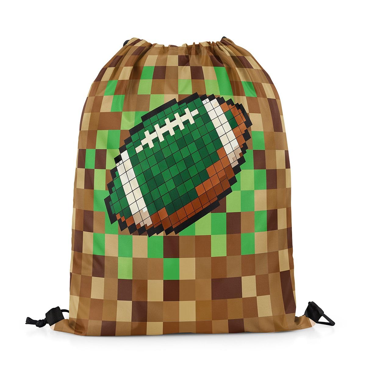 Castle Fairy Rugby Drawstring Backpack 13"X22",Pixelated Geometric Grid Water Resistant Beach Bag,Football Gamepad Video Games String Bag for Shopping Yoga,Brown Green Sackpack for Gym Sports