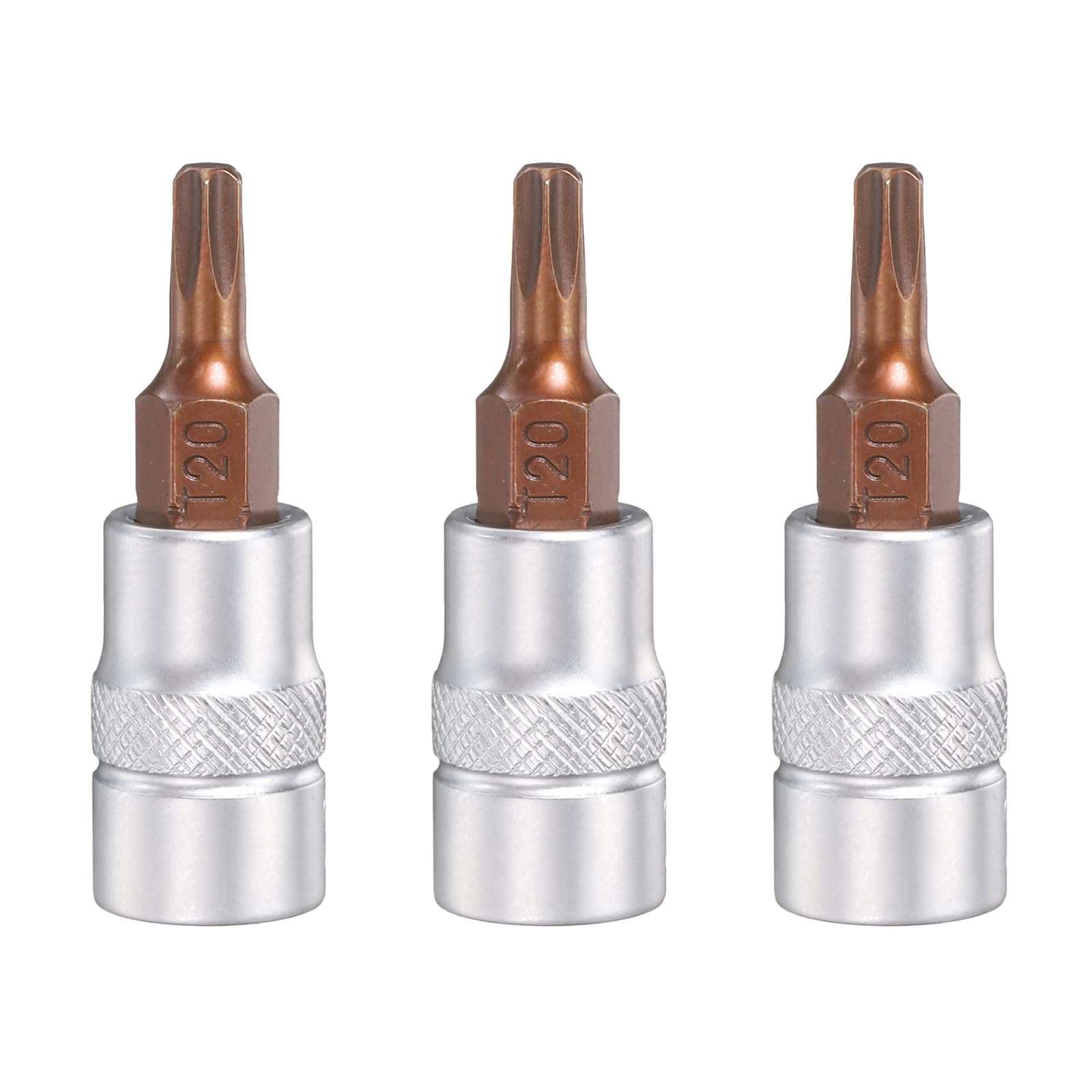sourcing map 3pcs T20 Torx Bit Socket 1/4" Square Drive Metric S2 & CR-V Steel Socket Ratchet Wrench Industrial Grade Bits, Silver Red