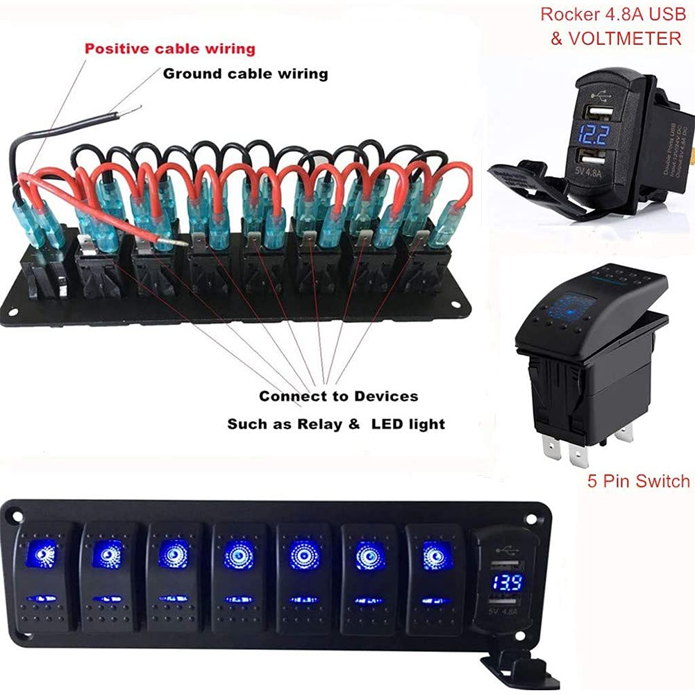 Bostar Panel de Interruptor de 8 Entradas con 2 Cargador USB Súper Rápido 4.8A, Interruptor Basculante Marino para Barco y Coche 12V-24V,8 Gang Panel de Interruptores Basculantes