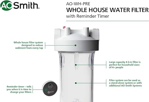 Vista 22 de AO Smith Filtro de sedimentos de agua para toda la casa - Sistema de filtración de una etapa de válvula en cabeza - Certificado NSF - AO-WH-PREV