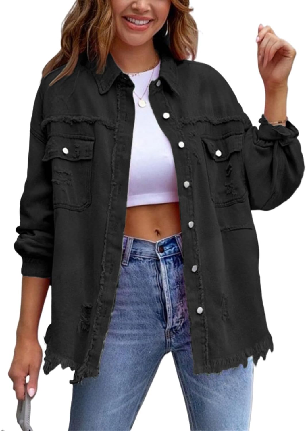 Women's Casual Ripped Denim Jacket Oversized Long Sleeve Button Down Raw Hem Distressed Jean Jackets
