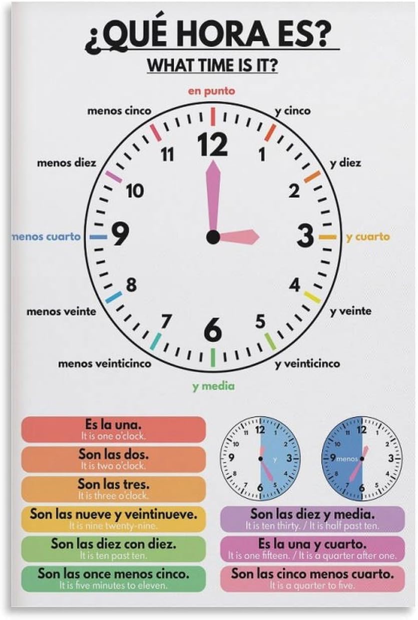 Telling Time, Spanish Language, Educational, What Time Is It, Teaching Tool, Classroom Decor Metal Tin Sign Poster Bedroom Decor 8x12 inch