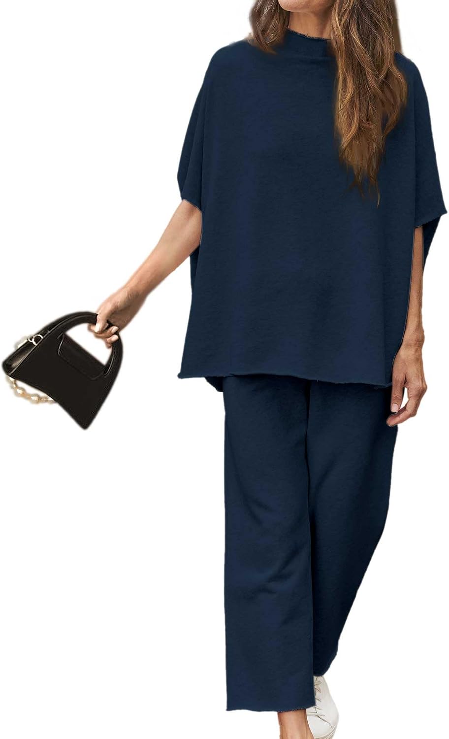 SeeLuNa Women's Two Piece Outfits 3/4 Batwing Sleeve Capelet Crew Neck Pullover Top Wide Leg Pants Lounge Set(Navy,L)