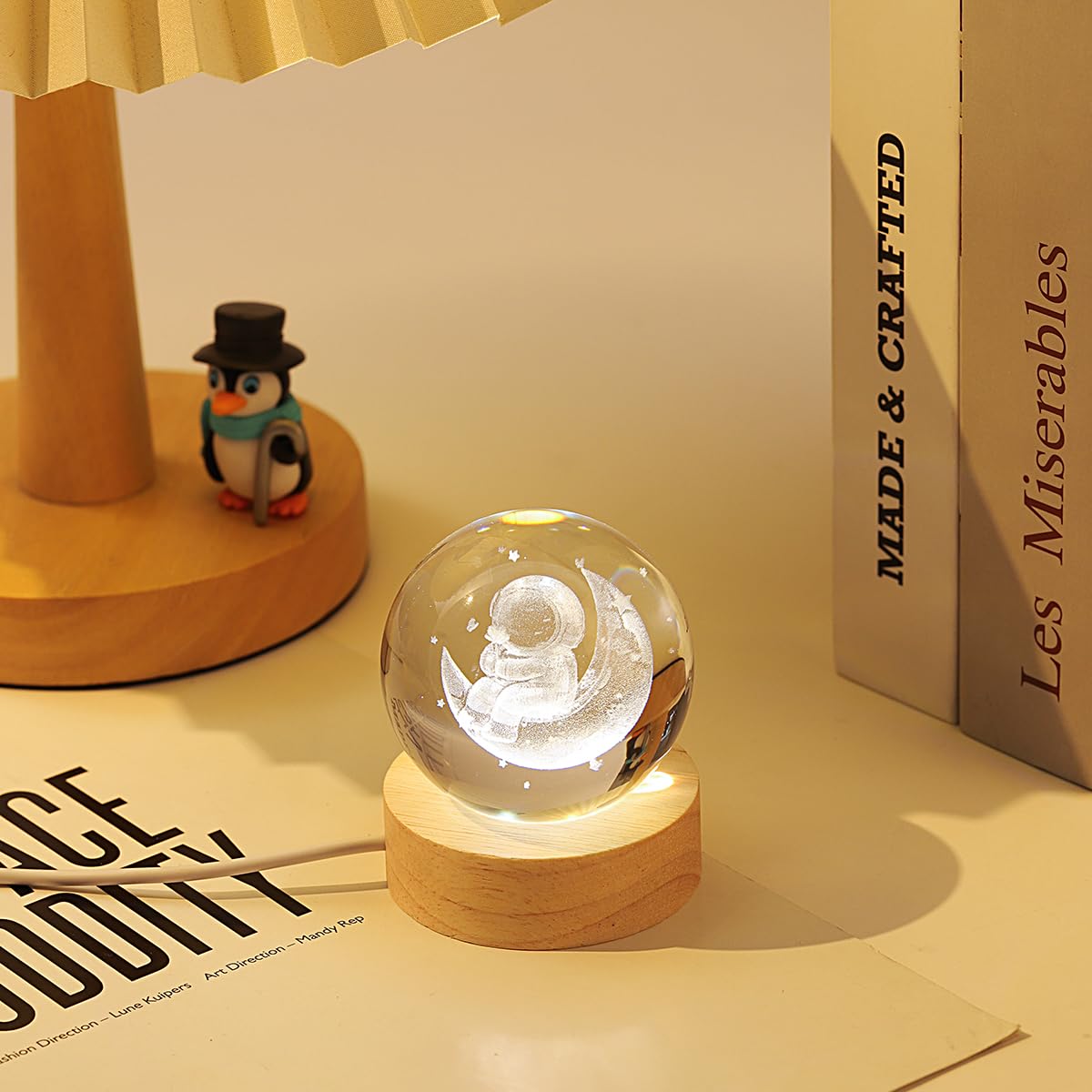 3D Moon Crystal Ball Lamp with Adjustable Brightness LED Wooden Base,Night Light for Kids Teens Adults,Birthday Gift Home Desk Office Bedroom Decor (6cm / 2.4”)​