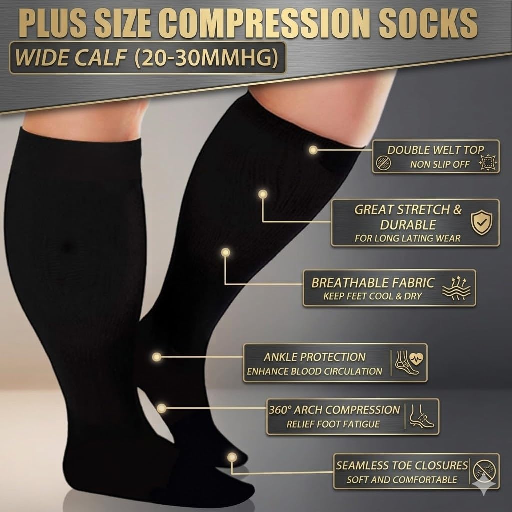 Everstride Wide Calf Compression Socks for Women Men, 2XL Plus Size Knee High Support Socks, Extra Large Fit for Larger Calves, Breathable Nylon Fabric, 3 Pairs