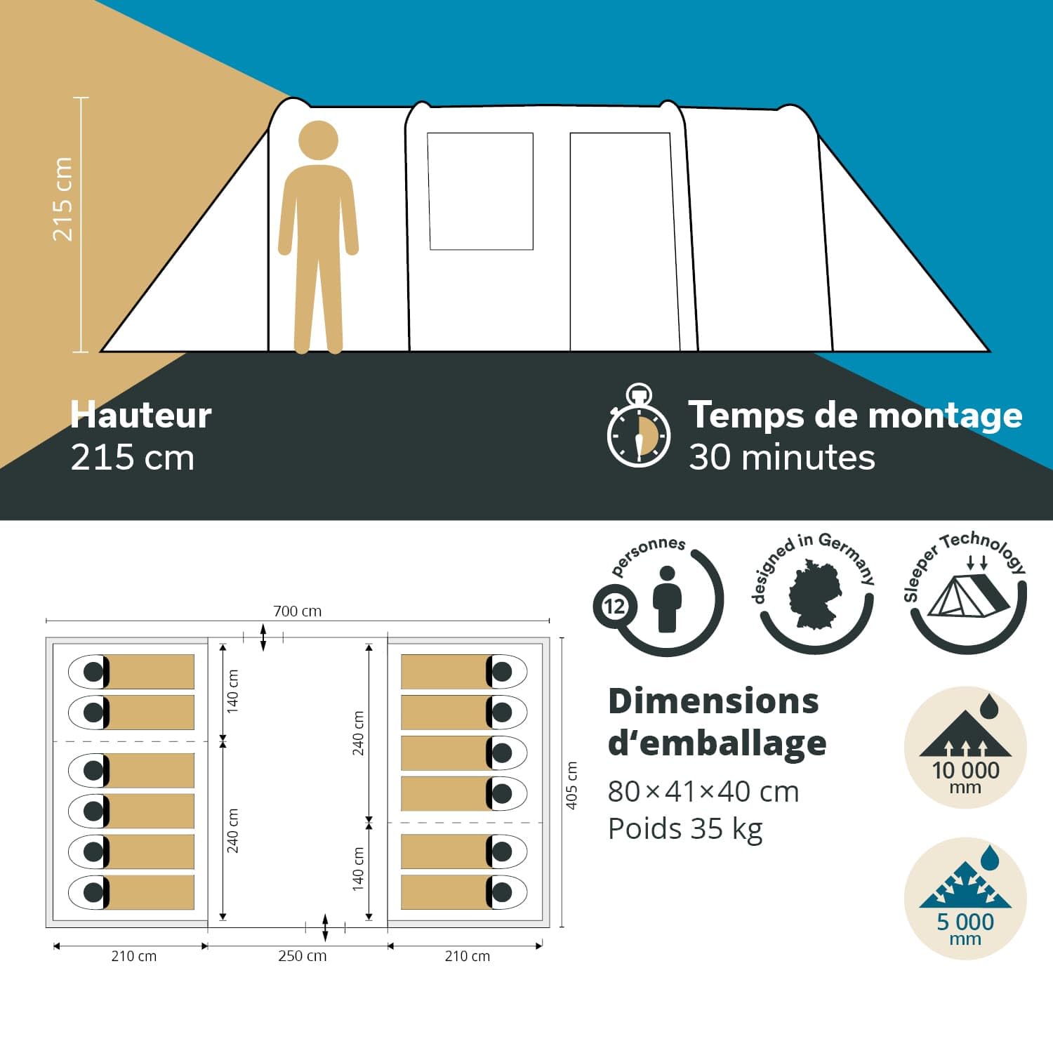 Skandika Tente Tunnel Hurricane pour 12 Personnes | Tente de Camping avec/sans Tapis de Sol Cousu, avec/sans Sleeper Technology, 2 cabines, Colonne d'eau 5000 mm, Hauteur 215 cm
