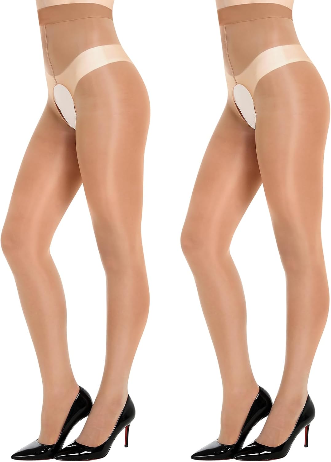 2 Pairs Shiny Sheer Tights Open Crotch Pantyhose for Women 15D Ultra Oil Shimmer Stockings with Control Top