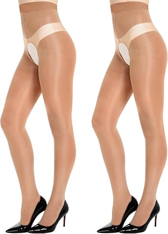 15D Crotchless Pantyhose, Shiny Shimmer Sheer Tights for women