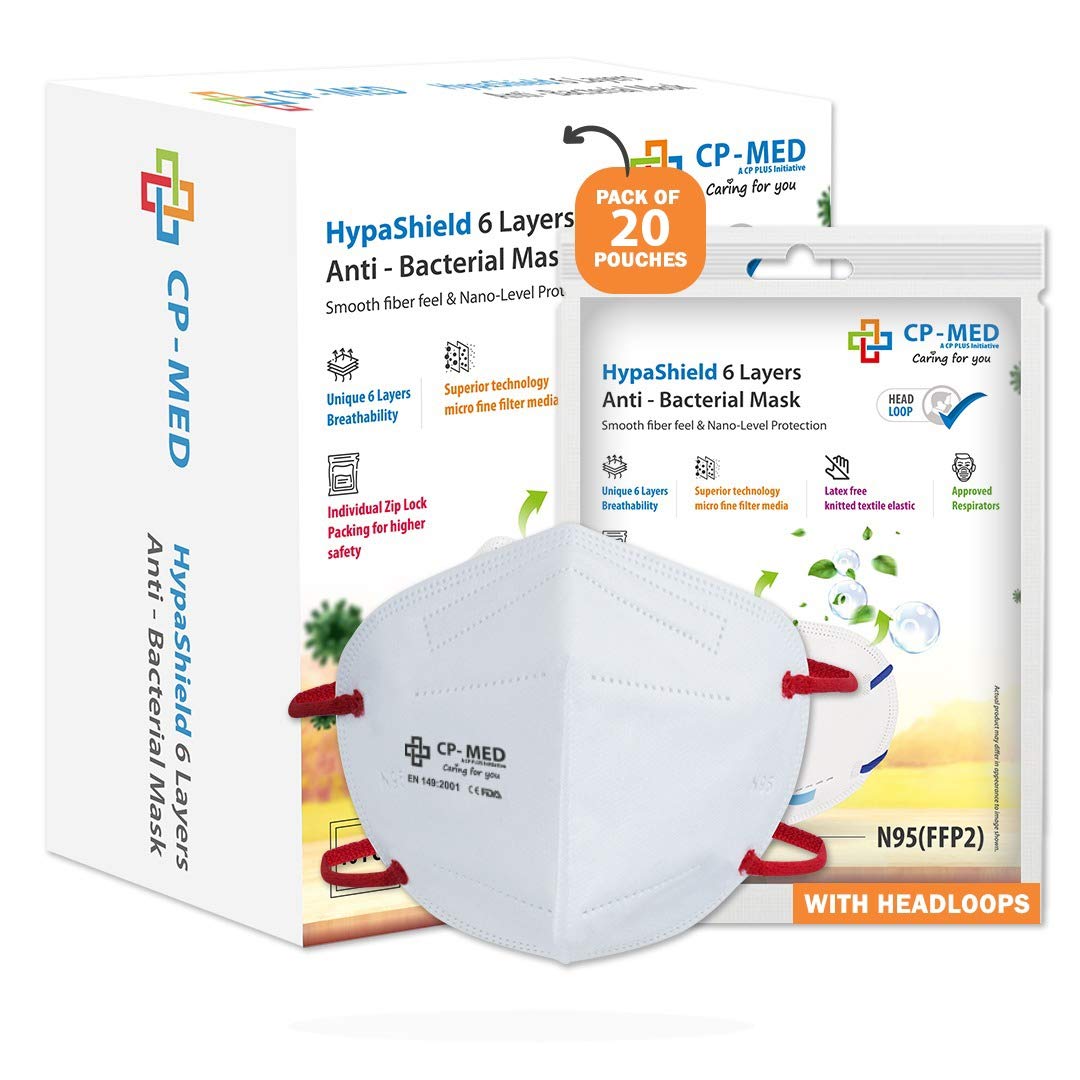 CP-MED N95 HypaShield 6 Layered Anti Bacterial Face Mask - Head Loop Style (White) - Pack of 20