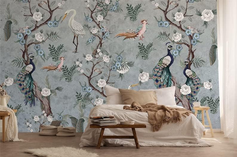 Duck Peacock Bird Wallpaper Flowers Plants Floral Animal Peel and Stick Wall Paper Murals 100" H x 150" W