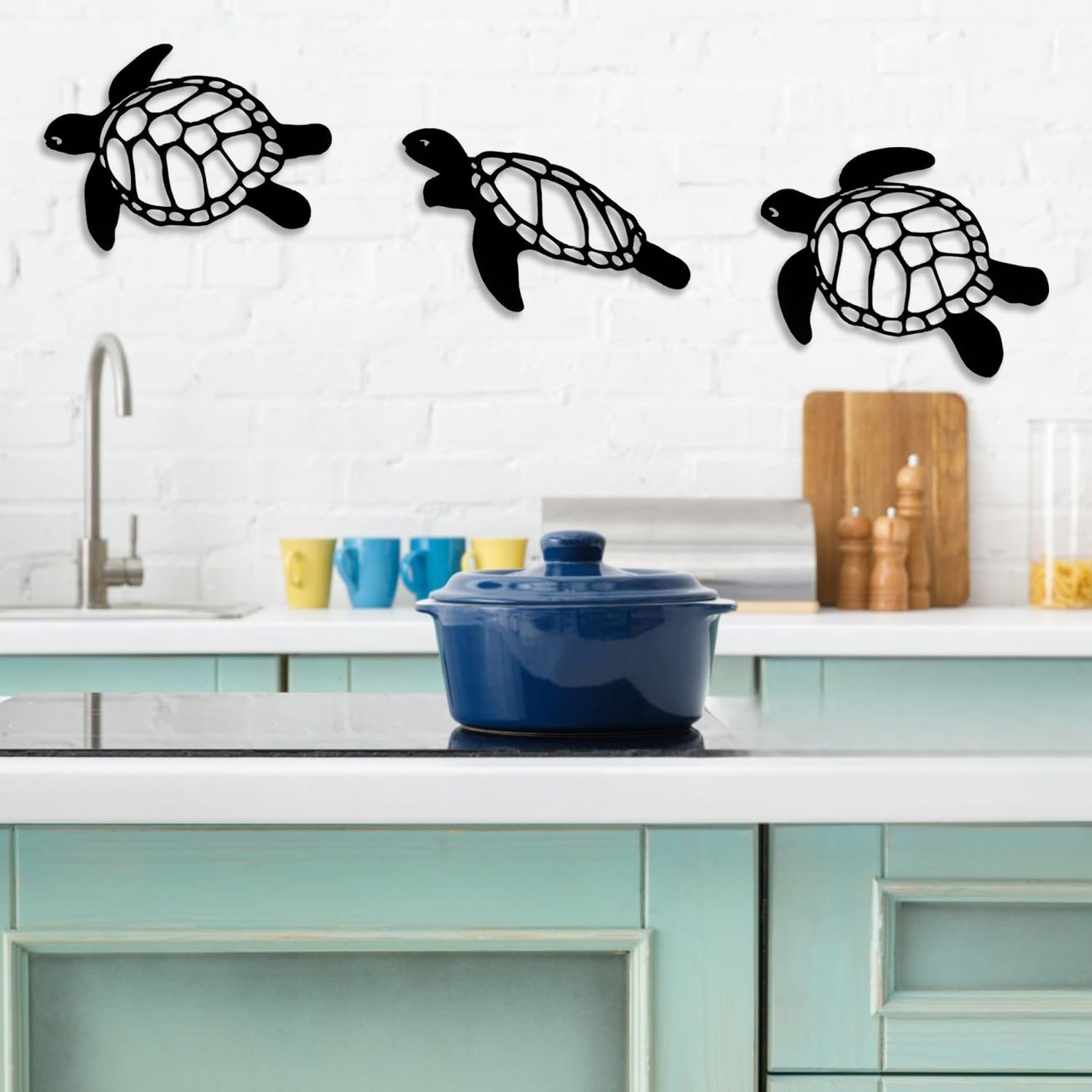 LIYOUYA 3 Pieces Turtle Metal Wall Decor - Marine Life Room Decor Black Wall Art Home Decor for Living Room, Bathroom, Bedroom, Dining Room (Black)