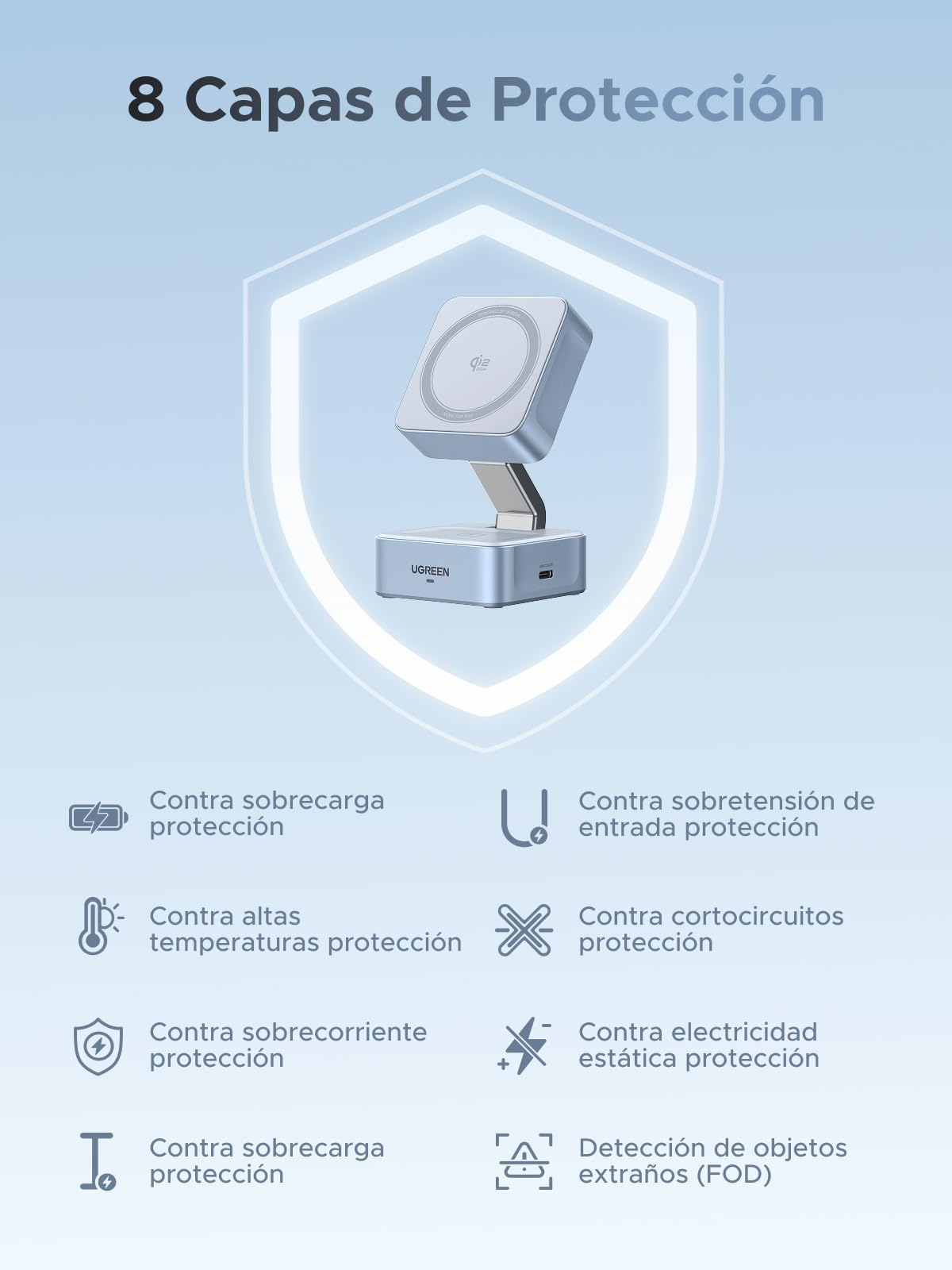 UGREEN MagFlow Qi2 25W Cargador Inalámbrico MagSafe 2 en 1 Plegable | Compatible con iPhone 17 16 15 14 13 12 Air Plus Pro Max AirPods 4 3 Pro 3 2 1, Estación de Carga Magnético, Ángulo Ajustable