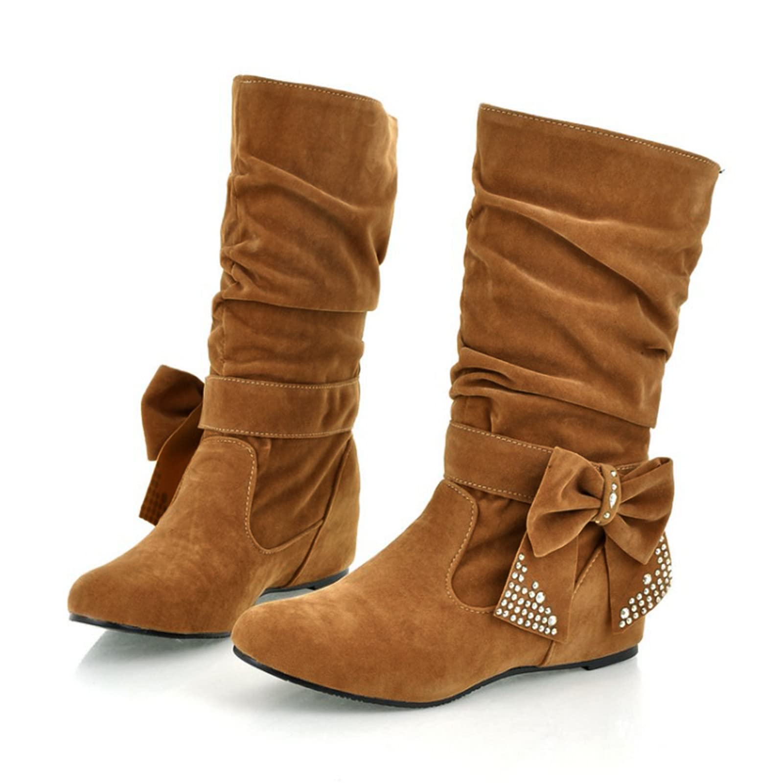 Botines de ante para mujer, planos, medias botas, pantorrilla ancha, botas