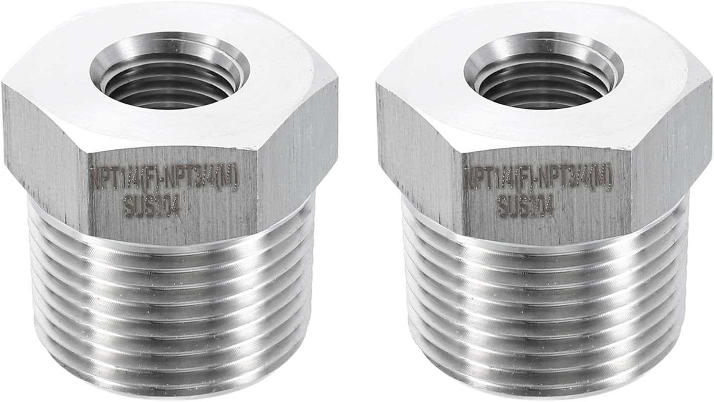 sourcing map 2pcs 304 Stainless Steel Reducer Bushing 3/4" NPT Male x 1/4" NPT Female Hex Bushings Pipe Fittings Reducing Cast Pipe Adapter for Air Water Oil Gas Tube