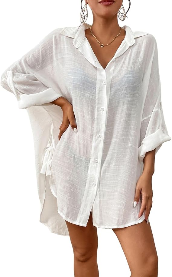 Bsubseach Linen Bathing Suit Cover Up Shirt Women Button Down Beach Cover Ups Split Tie Swimsuit Coverup Blouse