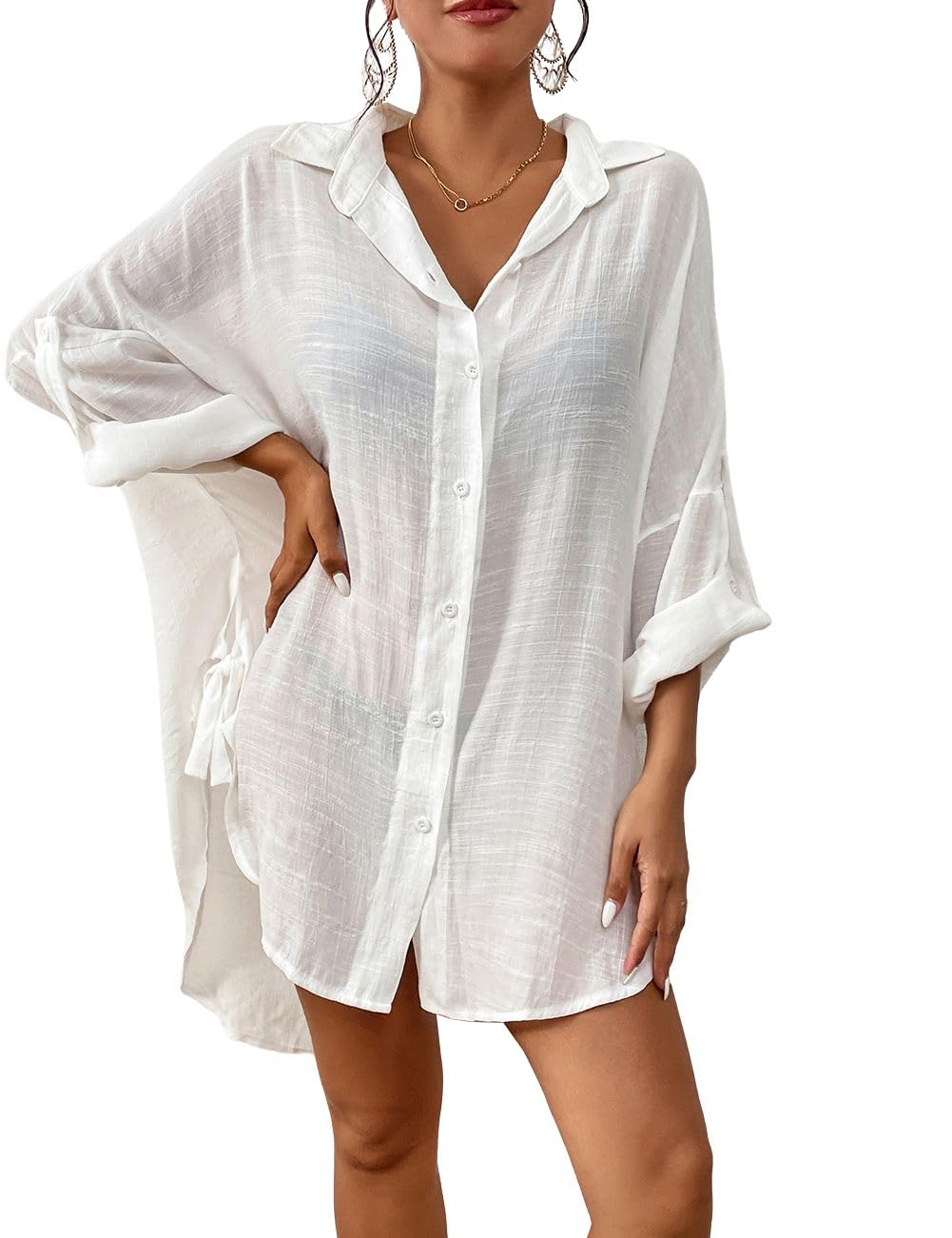 Bsubseach Mujer Vestido Corto de Playa Blusa de Manga Larga con Botones Cubrir Traje de baño Cover Ups Camisola y Pareos