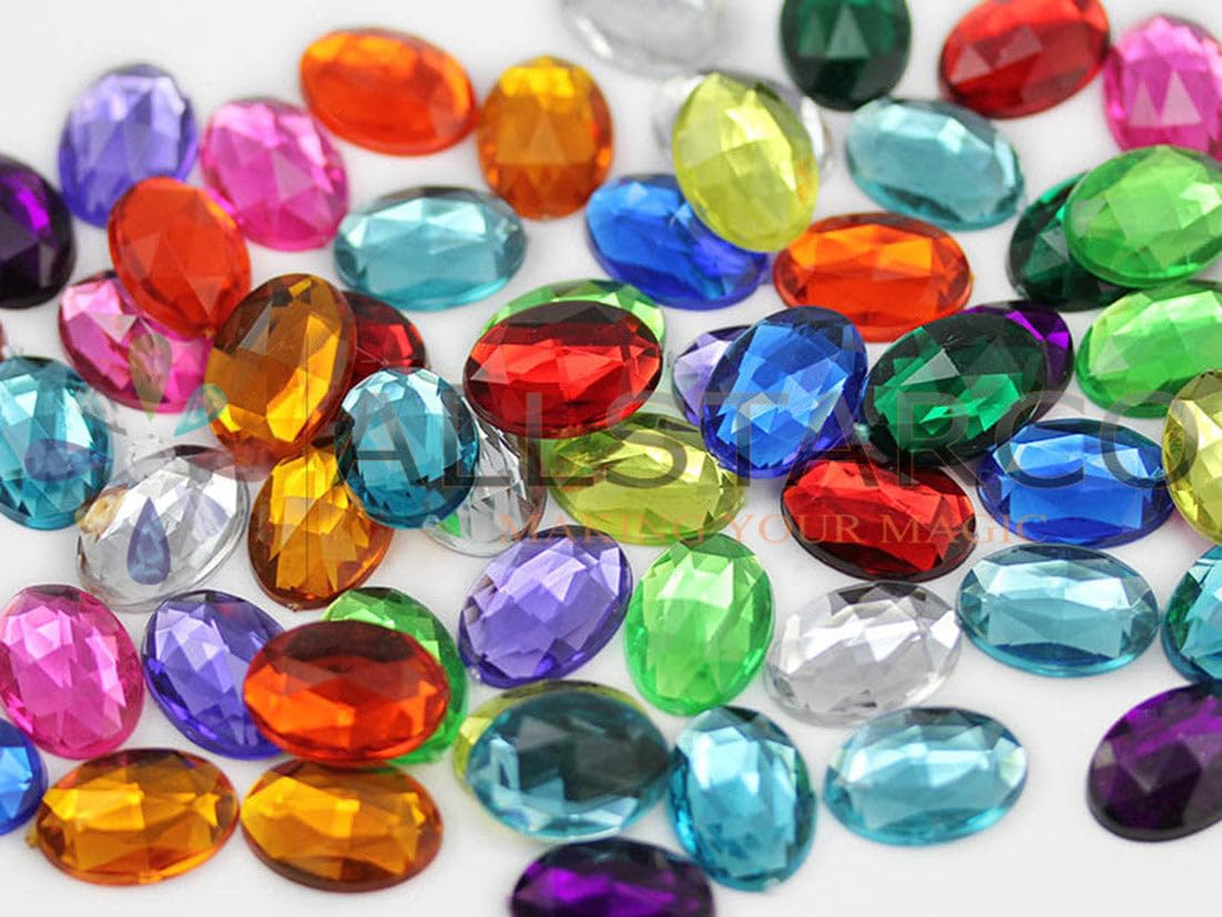 Allstarco 14x10mm Flat Back Oval Acrylic Rhinestones Plastic Gems Plastic Costume Jewels Embelishments - 125 Pieces (Assorted Colors)