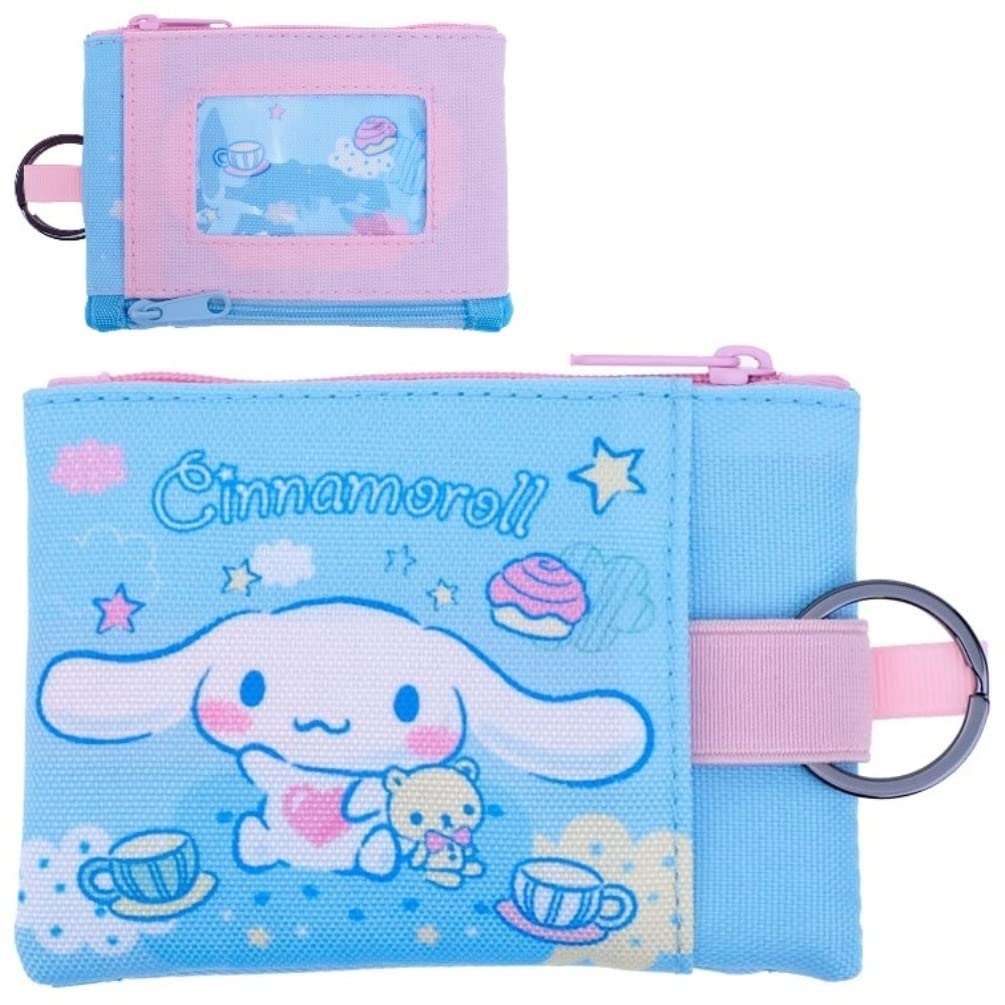 Cinnamoroll Two Zippered Pockets Case Coin Cash License Cards Pouch Organizer Thin Wallet with ID Window Lanyard Loop