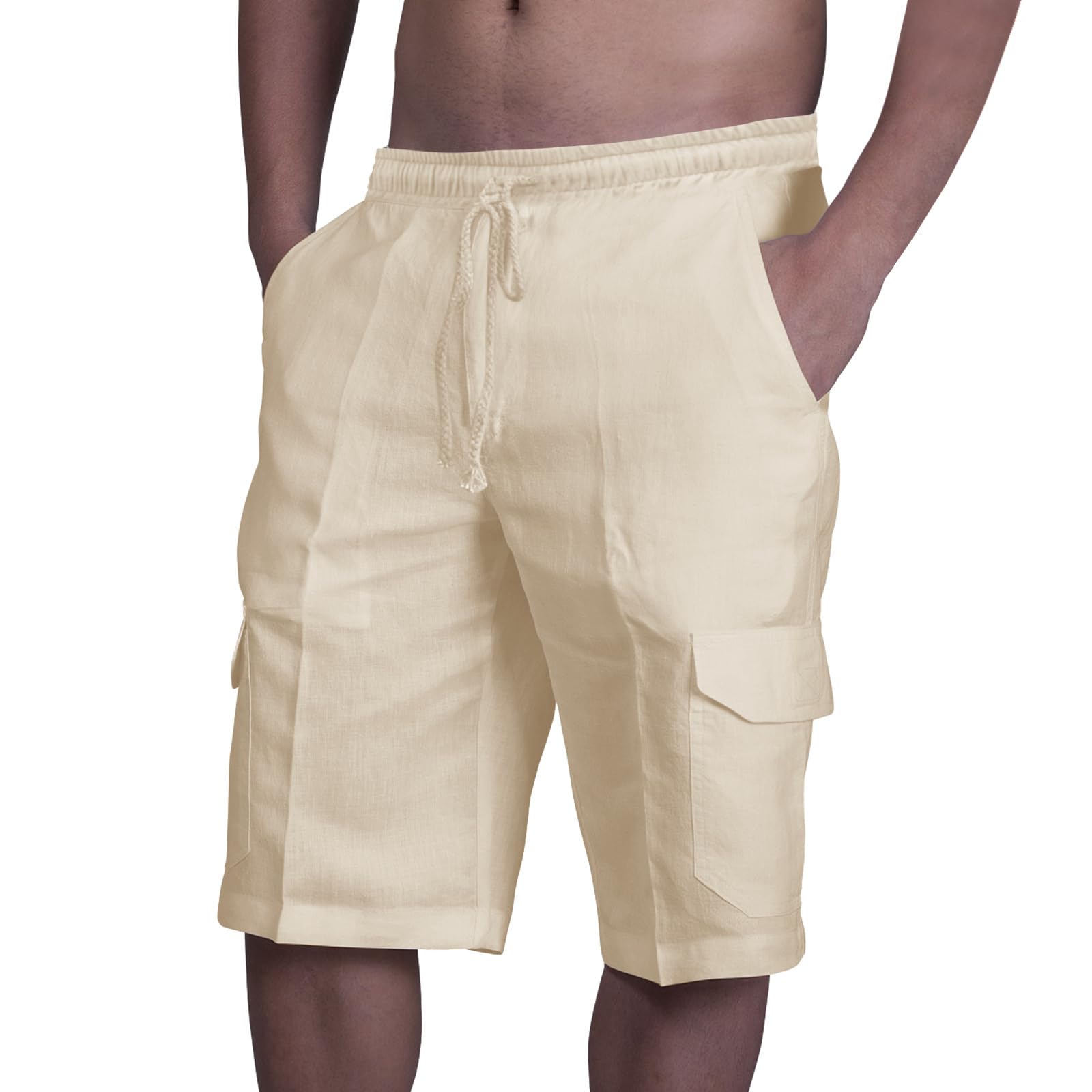 Youthful flying Cotton Linen Shorts for Mens Elasticated Waist Bermuda Shorts Quick Dry Running Shorts(Size:M,Color:Khaki)