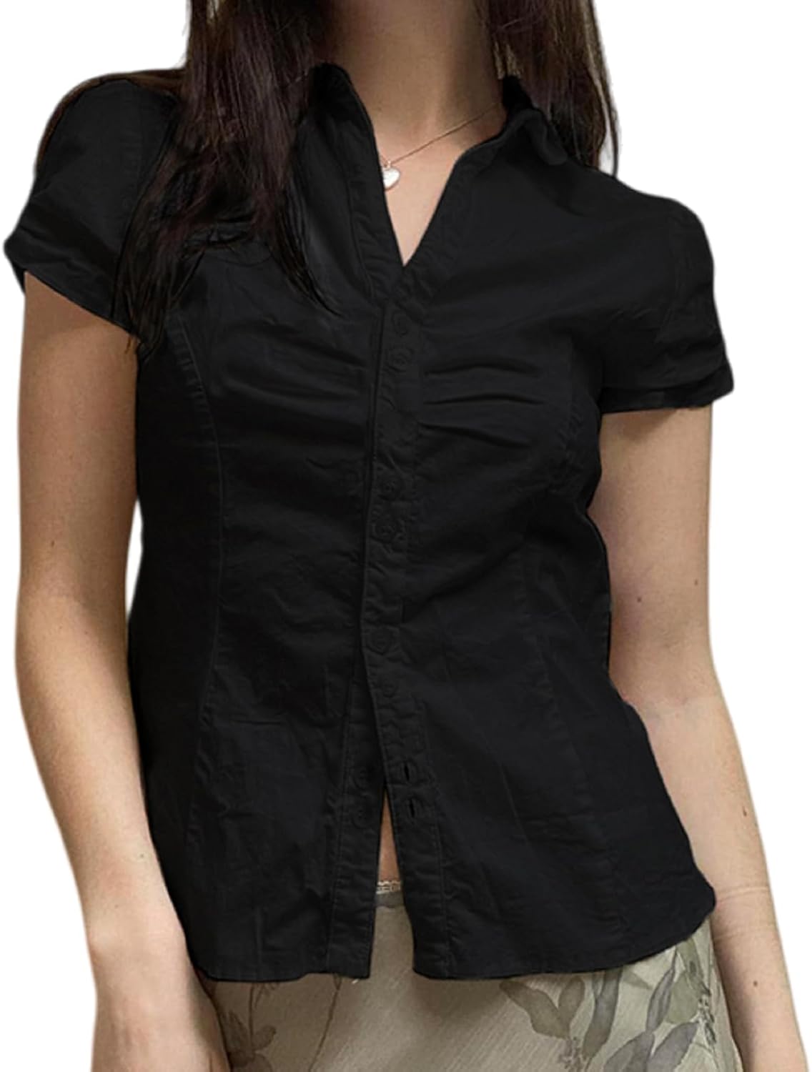 Seyumixi Y2k Button Up Shirt Women Short Sleeve V Neck Cropped Blouse Slim Fitted Collared Top Cute Preppy Coquette Tops