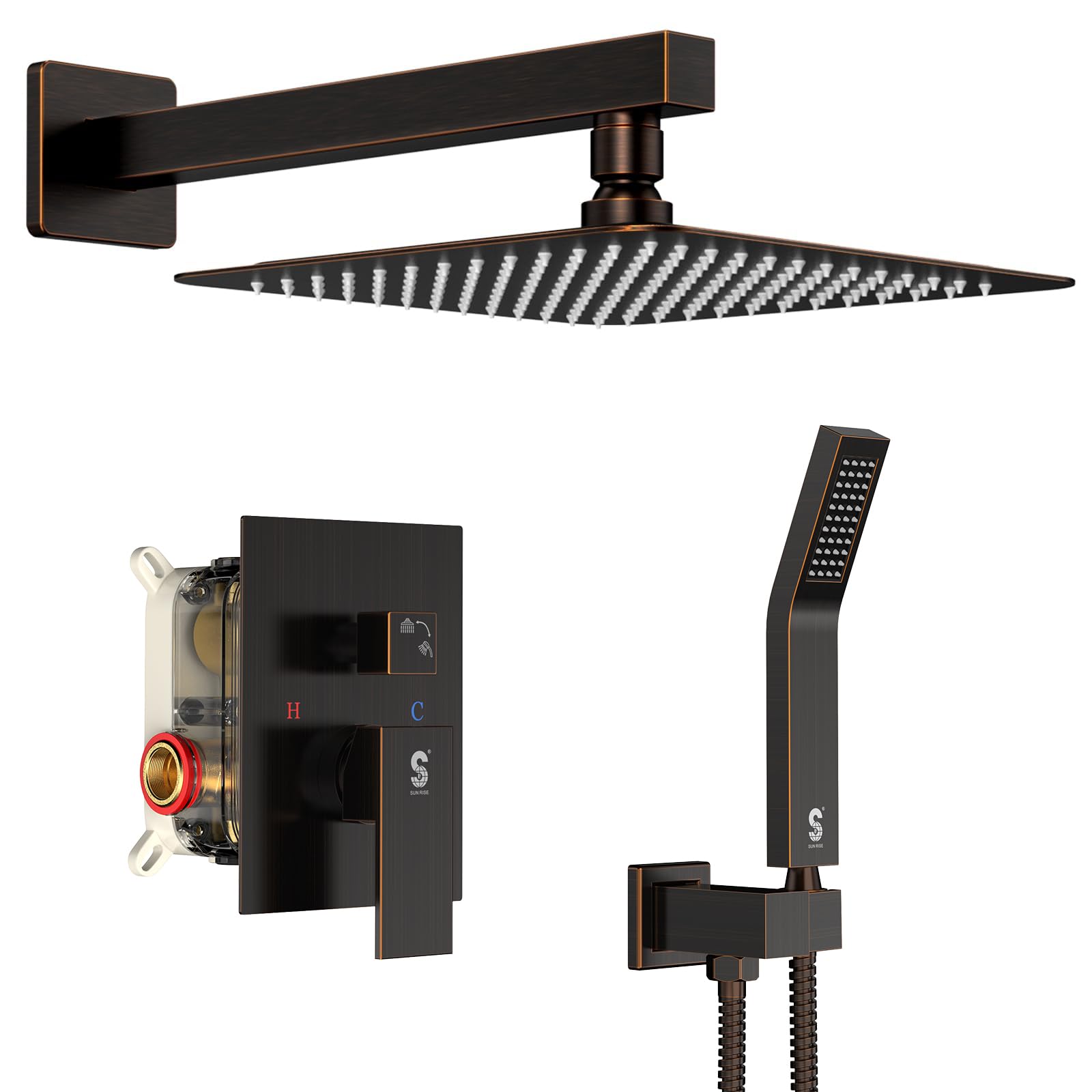SR SUN RISE Oil Rubbed Bronze Shower System 12 Inches Brass Bathroom Luxury Rain Mixer Shower Combo Set Wall Mounted Rainfall Shower Head System Shower Faucet Rough-in Valve Body and Trim Included