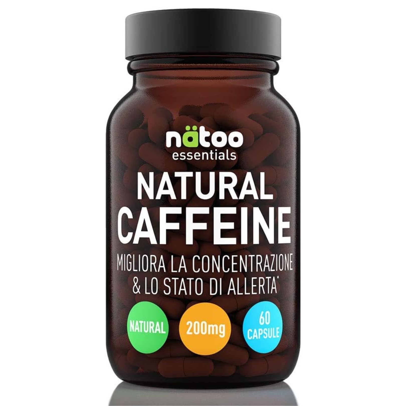 NÄTOO Caffeina 200mg, 60 Capsule Vegane, Caffeina Pura estratta da semi di caffe verde Coffea arabica, 1 Capsula 30 minuti prima del Workout, Adatto anche come integratore per studenti