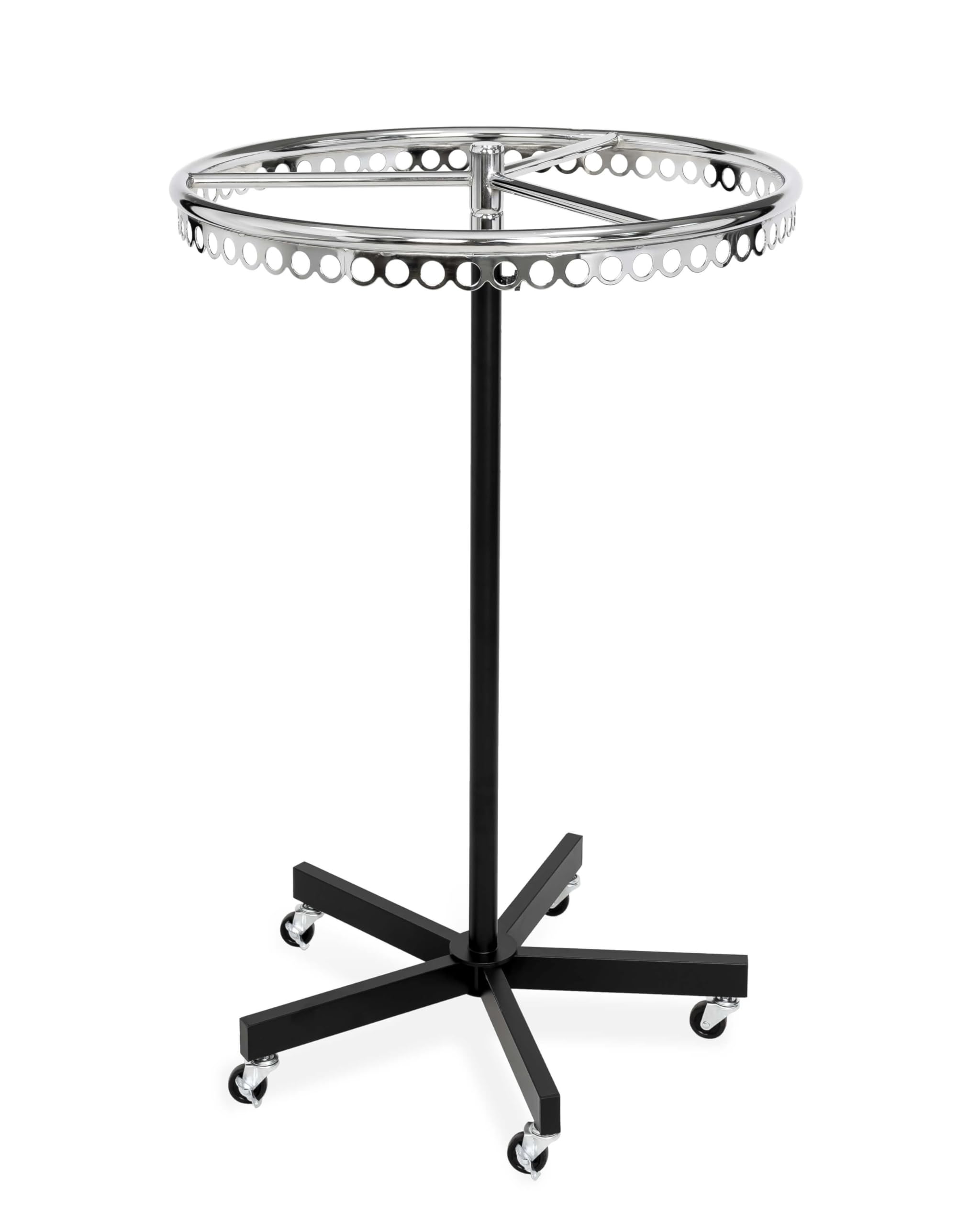 goodsforbusiness GmbH Kleiderständer rund rollbar schwarz, höhenverstellbar 117–182 cm, Rundständer Ring 76 cm, Ringständer Gestell schwarz, Ring verchromt 77 Ringlöcher