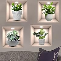Vista 1 de Paquete de 4 Pegatinas de Pared de Plantas Verdes 3D Calcomanías de Pared de Plantas Botánicas para Dormitorio, Sala de Estar, Cocina