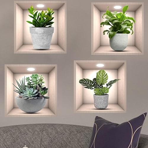 iMagitek Paquete de 4 calcomanías de pared 3D de plantas verdes 3D, calcomanías de pared de cactus 3D botánicos para fondo de sofá, dormitorio, sala