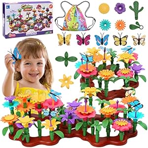 Cyiecw 224 stuks bloementuin, speelgoed voor meisjes vanaf 3, 4, 5, 6 jaar, kinderen, bloemen, bouwstenen, doe-het-zelf boeket, cadeau, tuinspeelgoed voor kinderen, kunstbloemstuk, cadeau