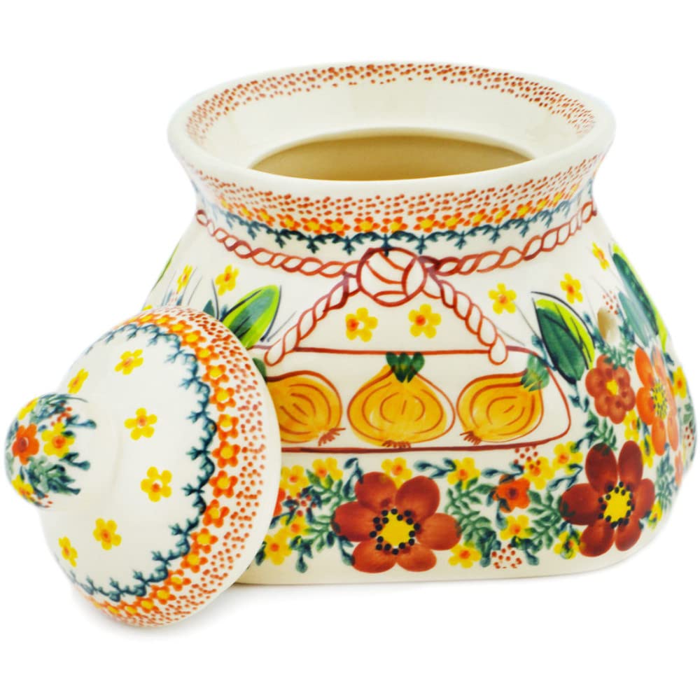 Polish Pottery 7-inch Garlic and Onion Jar (Sunset Meadow Theme) Signature UNIKAT + Certificate of Authenticity