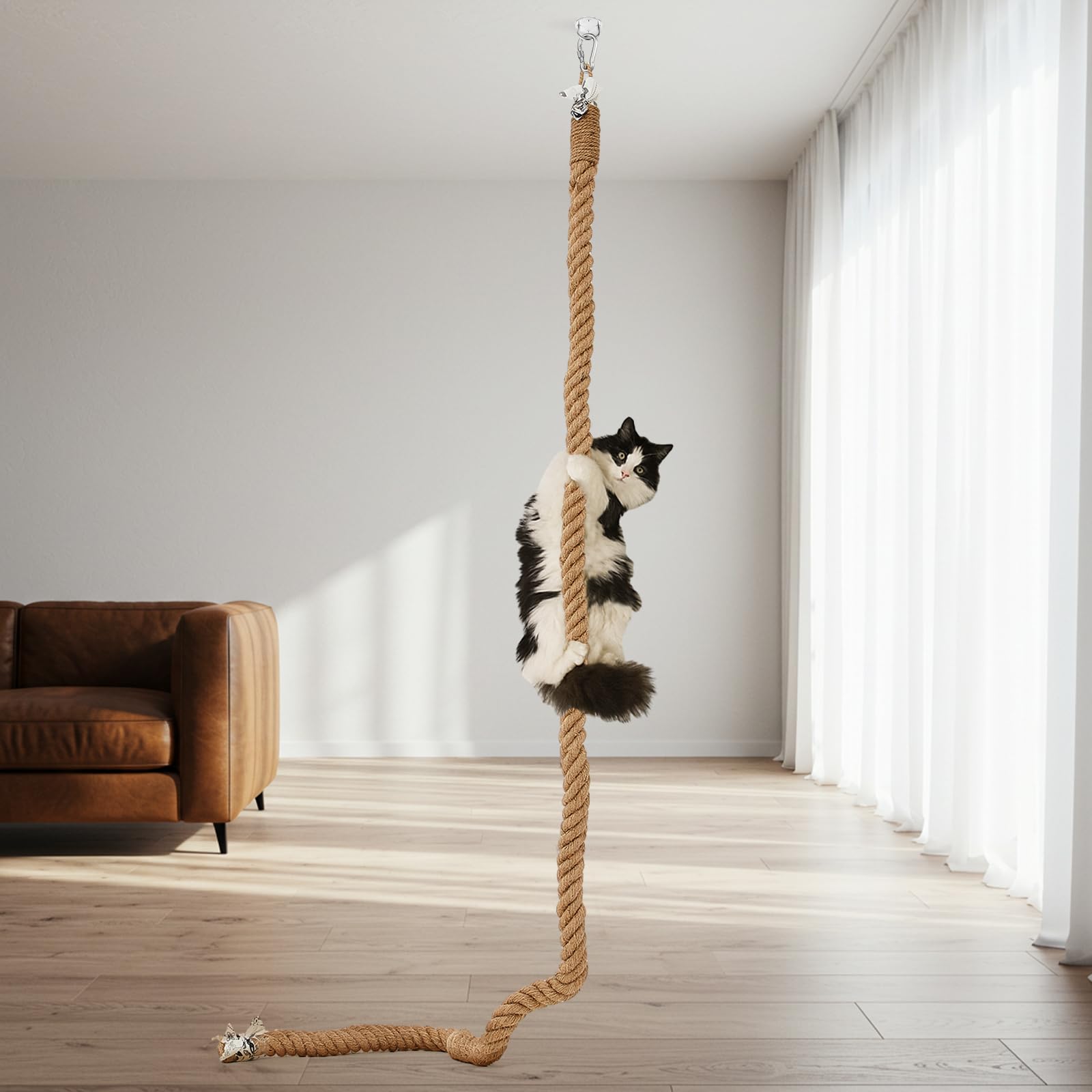 Weysat Katzenkletter-Juteseil mit Haken, Deckenmontage, Kätzchen, Kratzbaum, Kletterseil, Spielzeug für drinnen und draußen, 5 cm x 2,7 m