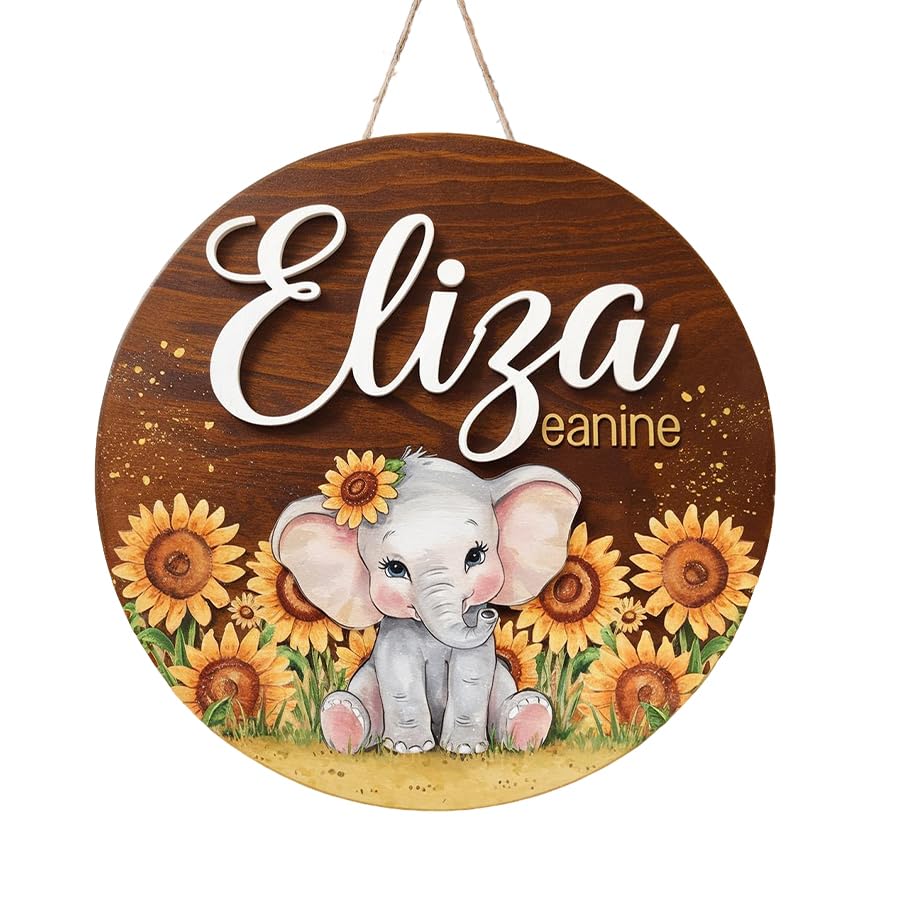 Personalized Name Signs for Kids Room, Sunflowers Elephant Sign for Baby Door Decor, Newborn Gifts for Girl, Girls Nursery Wall Bedroom Decorations, Mother's Day Gifts for New Mom Dad Gift