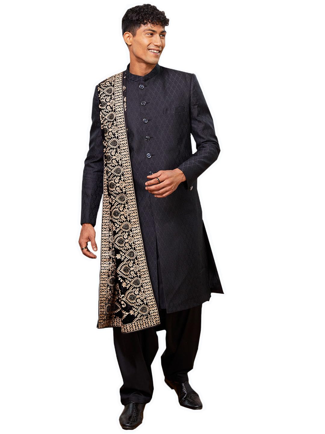 Men’s Silk Blend Jacquard Sherwani, Kurta, Pyjama & Dupatta Set – Festive Ethnic Wear