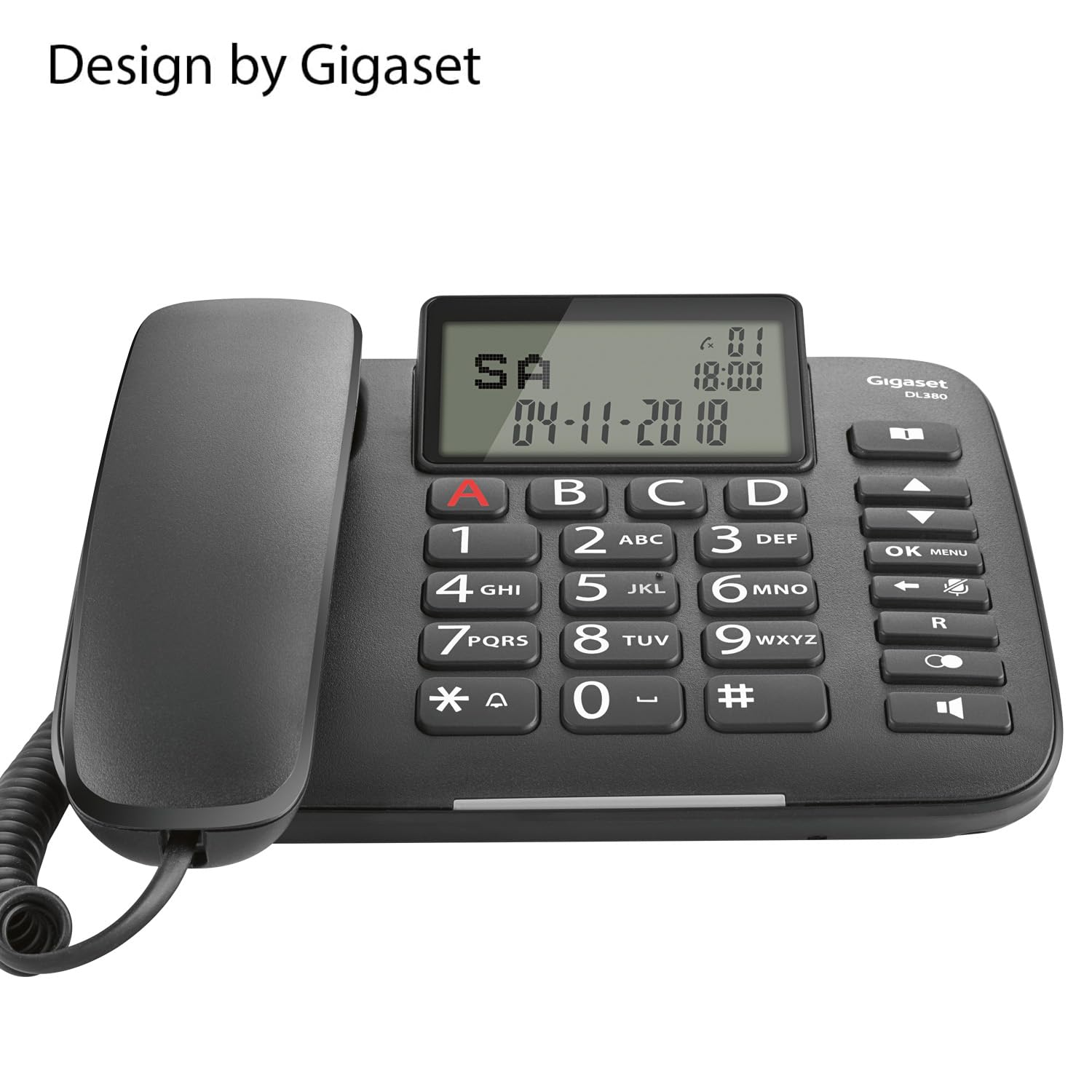 Gigaset DL380 - Un Telefono Facile da Usare con Tasti Grandi - 4 tasti di selezione diretta programmabili (A - D) - Rubrica, Nero [Versione Italiana]