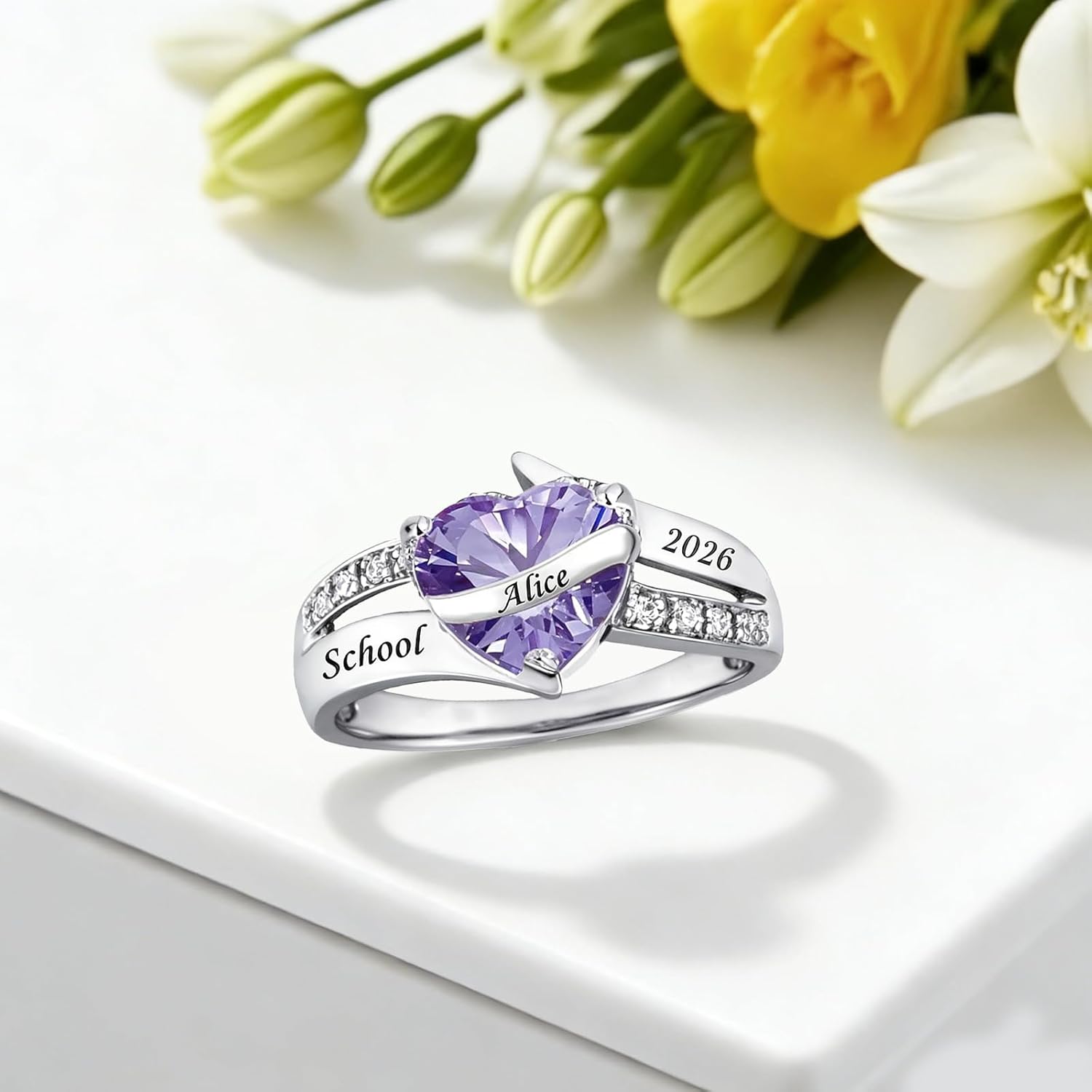 Customized Class Ring for Women 925 Sterling Silver/10K/14K/18K Gold High School College Graduation Ring with Birthstones Class of 2025 Graduation Jewelry for Her