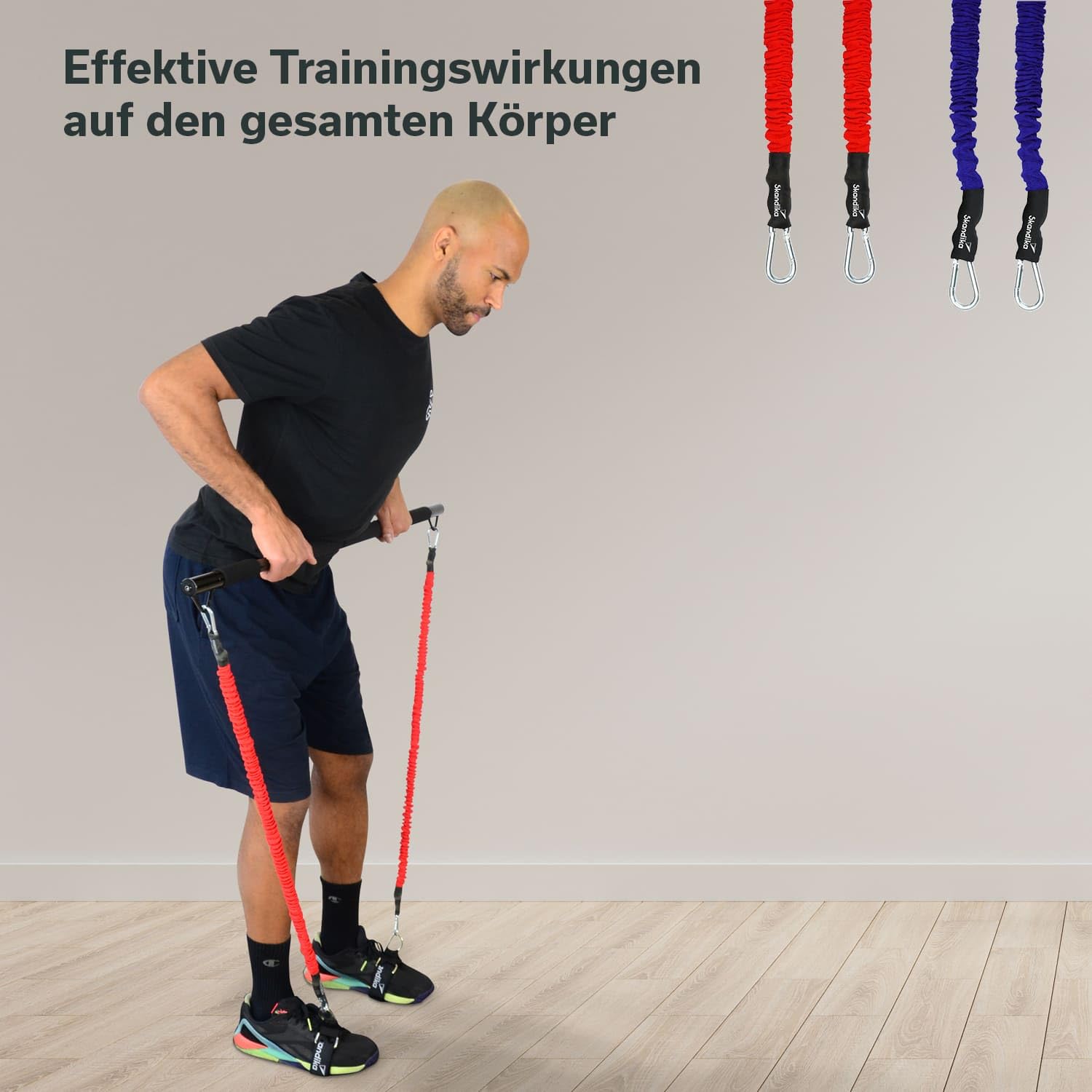 Skandika Multi-Widerstandsbänder mit Stange | Pilates Bar mit Resistance Bands, Krafttraining, 3 Widerstandsstufen, Online Trainingsguide, viel Zubehör, Fitnesstraining, nutzbar mit Nemo IV und V3000