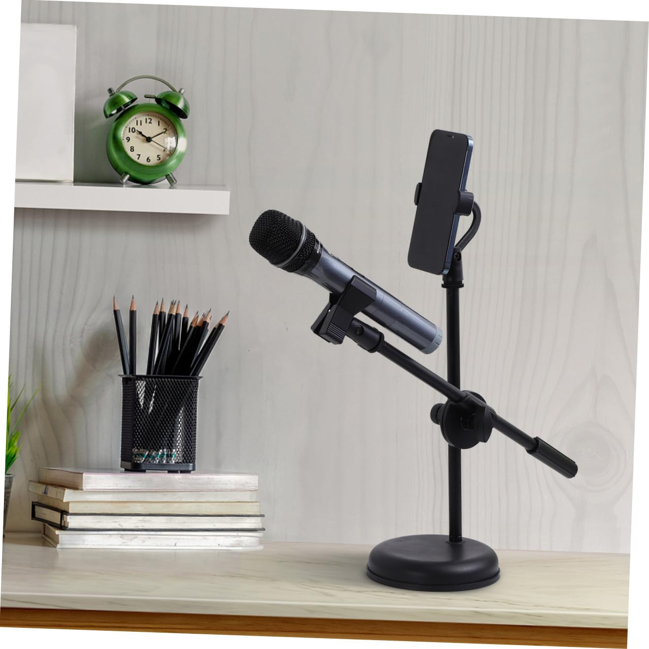 Supporto per Microfono da Tavolo Telescopico e Regolabile Clip e Supporto per Telefono, Base Stabile per Podcasting, Registrazione e Uso Casalingo