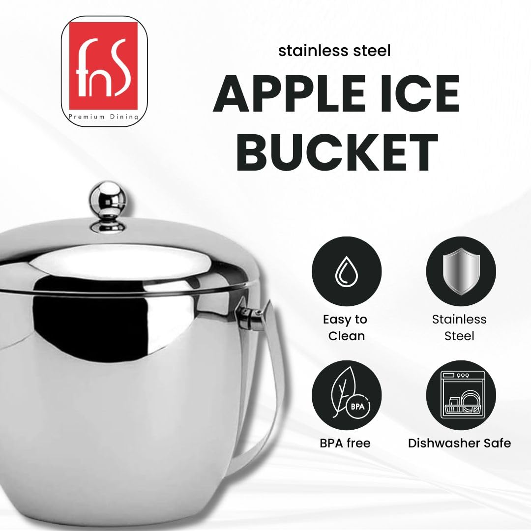 FnS Apple Double Walled Insulated Stainless Steel Ice Bucket with Ice Tong | Ice Bucket for Home, Bar & Parties | Keeps Ice Cold Longer | Wine, Champagne & Beverage Cooler