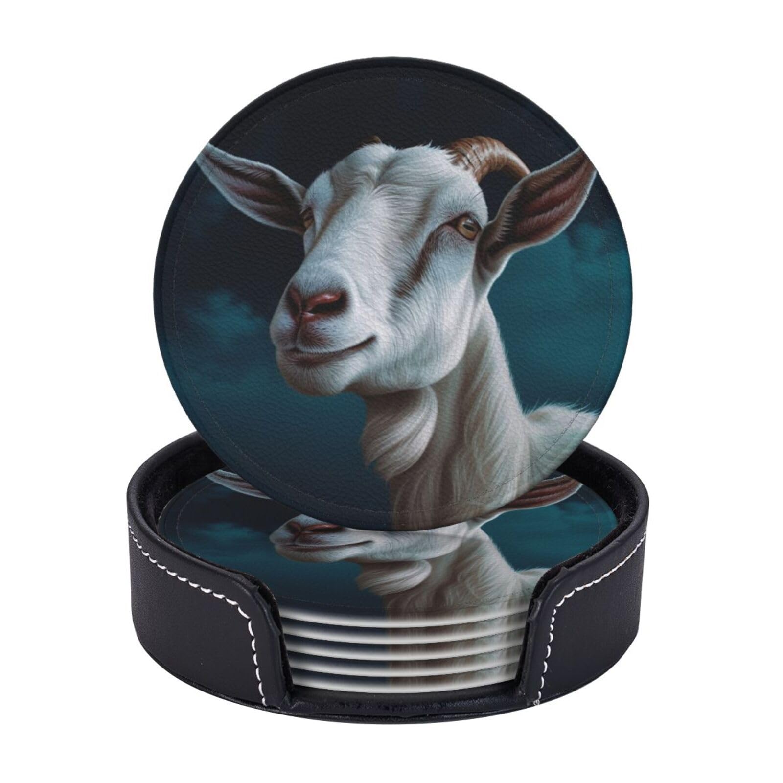 6Pcs PU Leather Coaster for Drinks, Goat Cup Coasters with Holder, Aesthetic Drink Coasters for Coffee Table, Round Coaster for Tabletop Protection 4" Cup Mat Pad